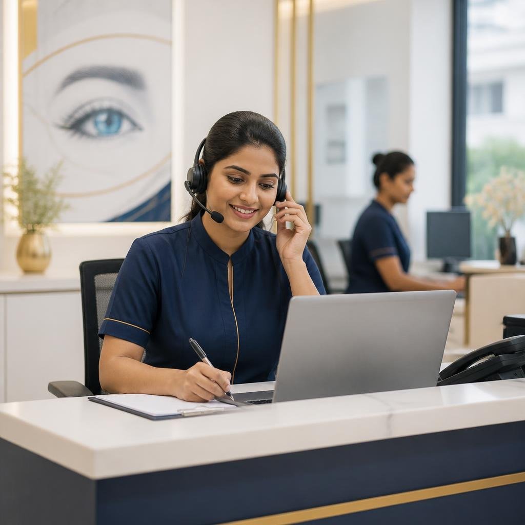 Illustrative hospital enquiry coordinator speaking with a caller at the reception desk